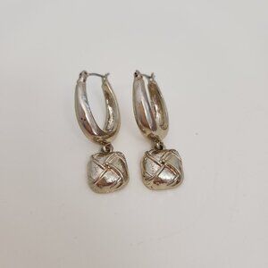 Vintage Earrings Gold Tone Dangle Square Knot Latch Back Clasp Drop Hoop Event